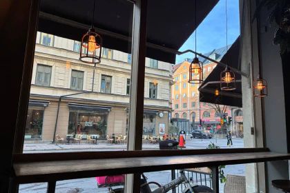 View onto Rådmansgatan in Stockholm from a coffee shop